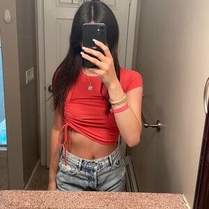 PacSun Coral Red Ruched Short Sleeve Tee
